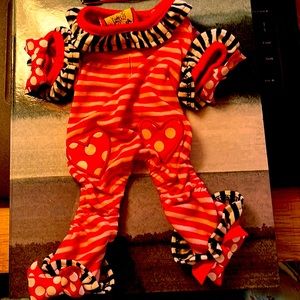 XS Red striped puppy one piece fancy outfit. Hearts on front with bows on paws